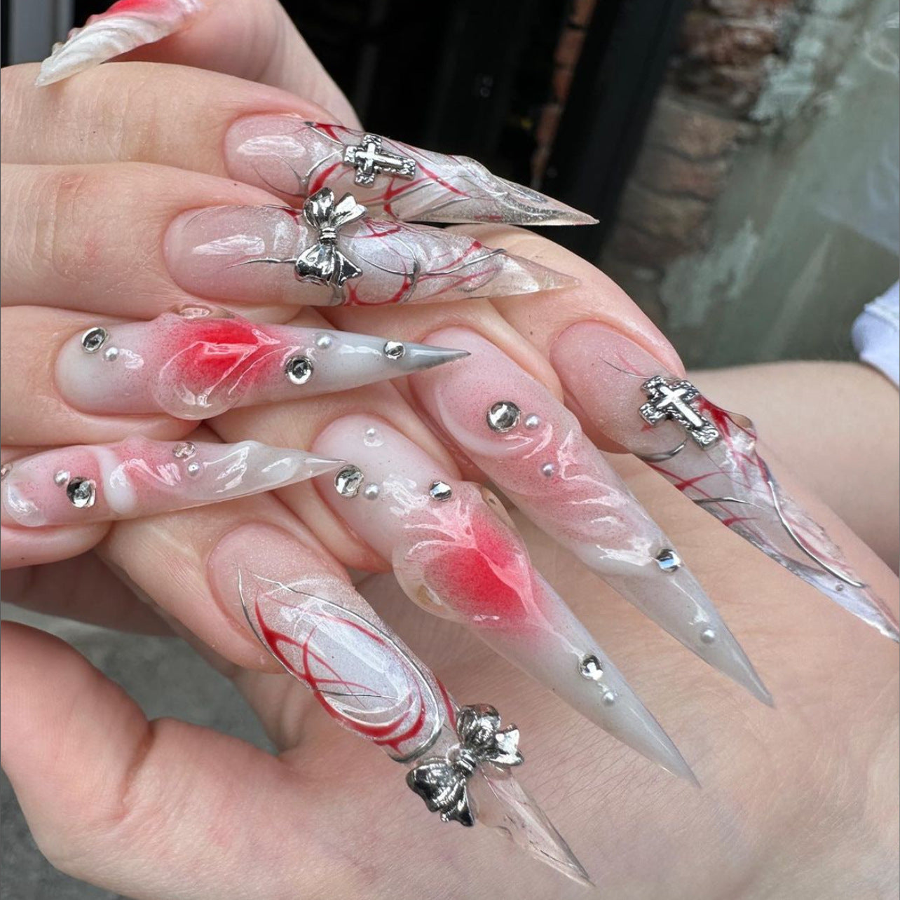 Romantic Dreamland Long Stiletto Transparent and Red Floral Press On Nail Set with Silver Accents and Gemstone Embellishments