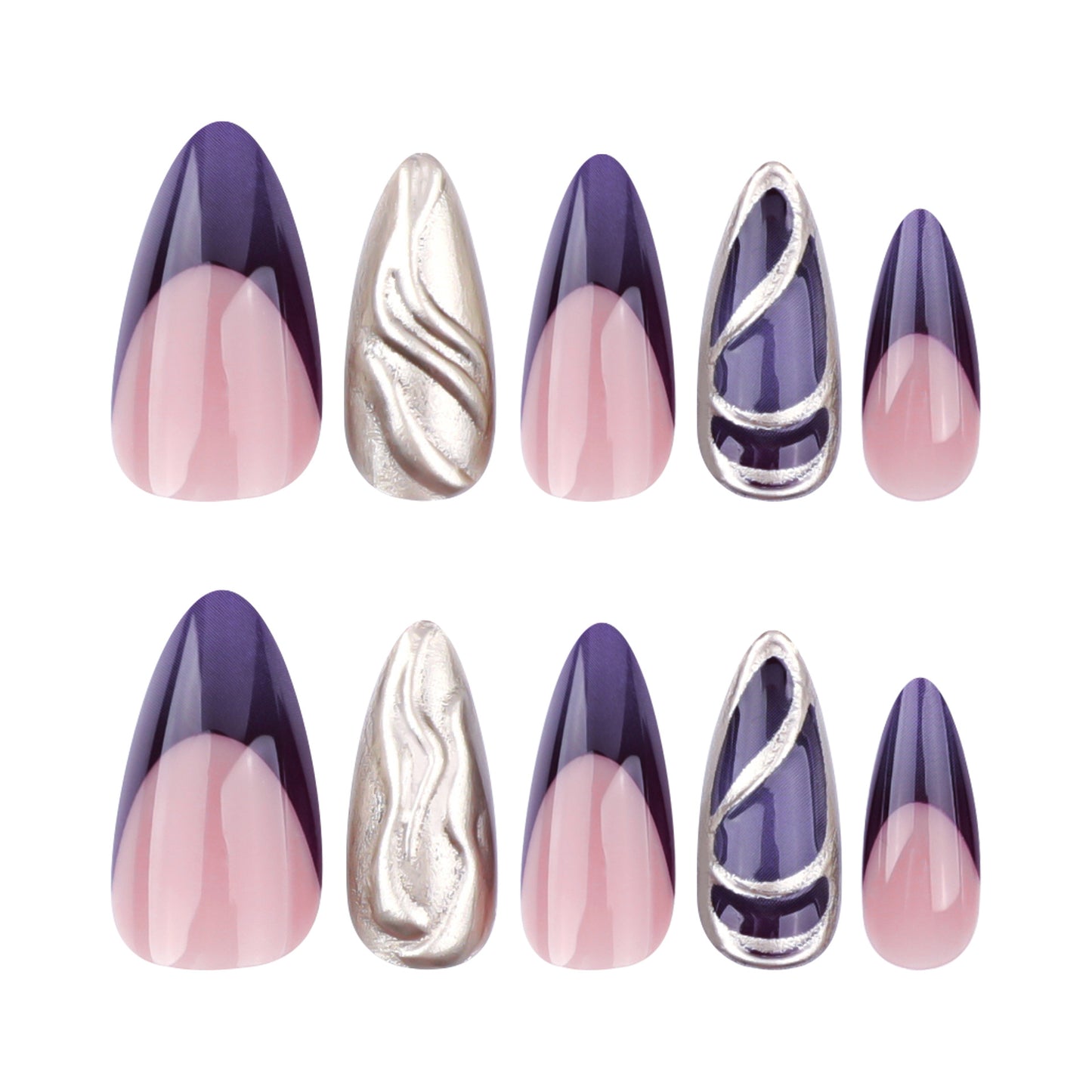 Elegant Twilight Dream Press-On Nail Set with Medium Almond Shape in Deep Purple and Soft Pink and Unique Swirled Metallic Accent