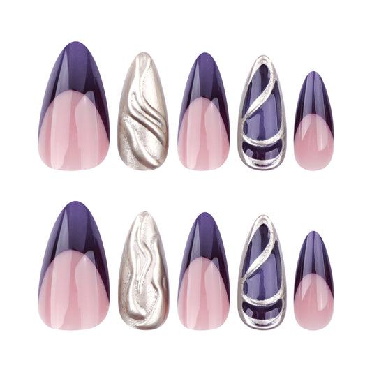 Elegant Twilight Dream Press-On Nail Set with Medium Almond Shape in Deep Purple and Soft Pink and Unique Swirled Metallic Accent