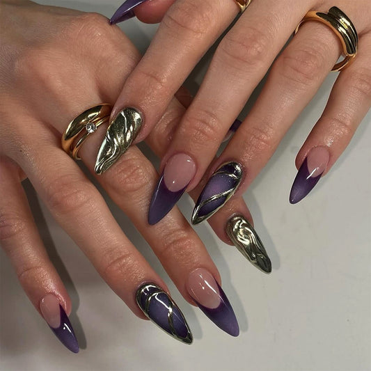 Mystical Elegance Long Almond Gradient Purple Press On Nail Set with Unique Metallic Accents