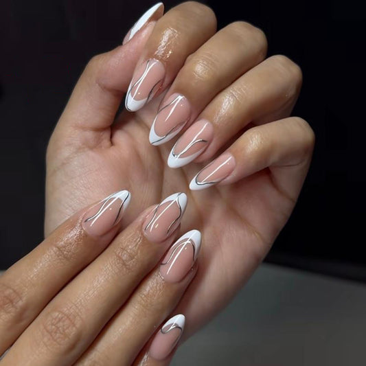 Glamorous Elegance Medium Almond Beige and White Press On Nails with Chic Metallic Accents
