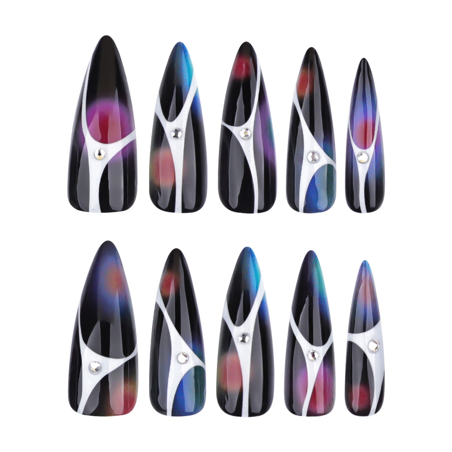 Galactic Elegance Stunning Stiletto Long Length Black Color with Colorful Iridescent Accents and Elegant Rhinestone Detail Press On Nail Set