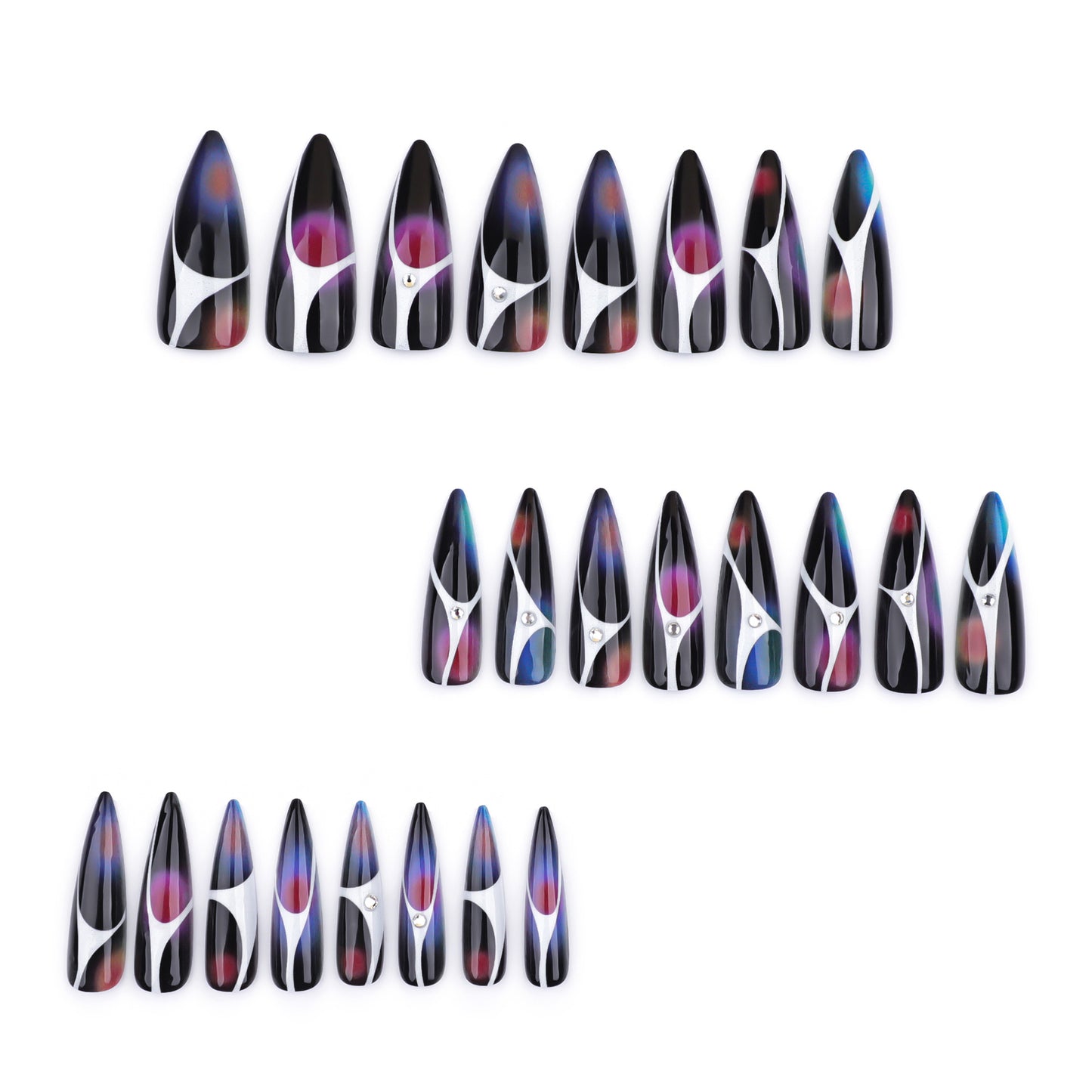 Cosmic Elegance Long Stiletto Glossy Black with Vibrant Color Accents and Unique Silver Artwork Press-On Nail Set