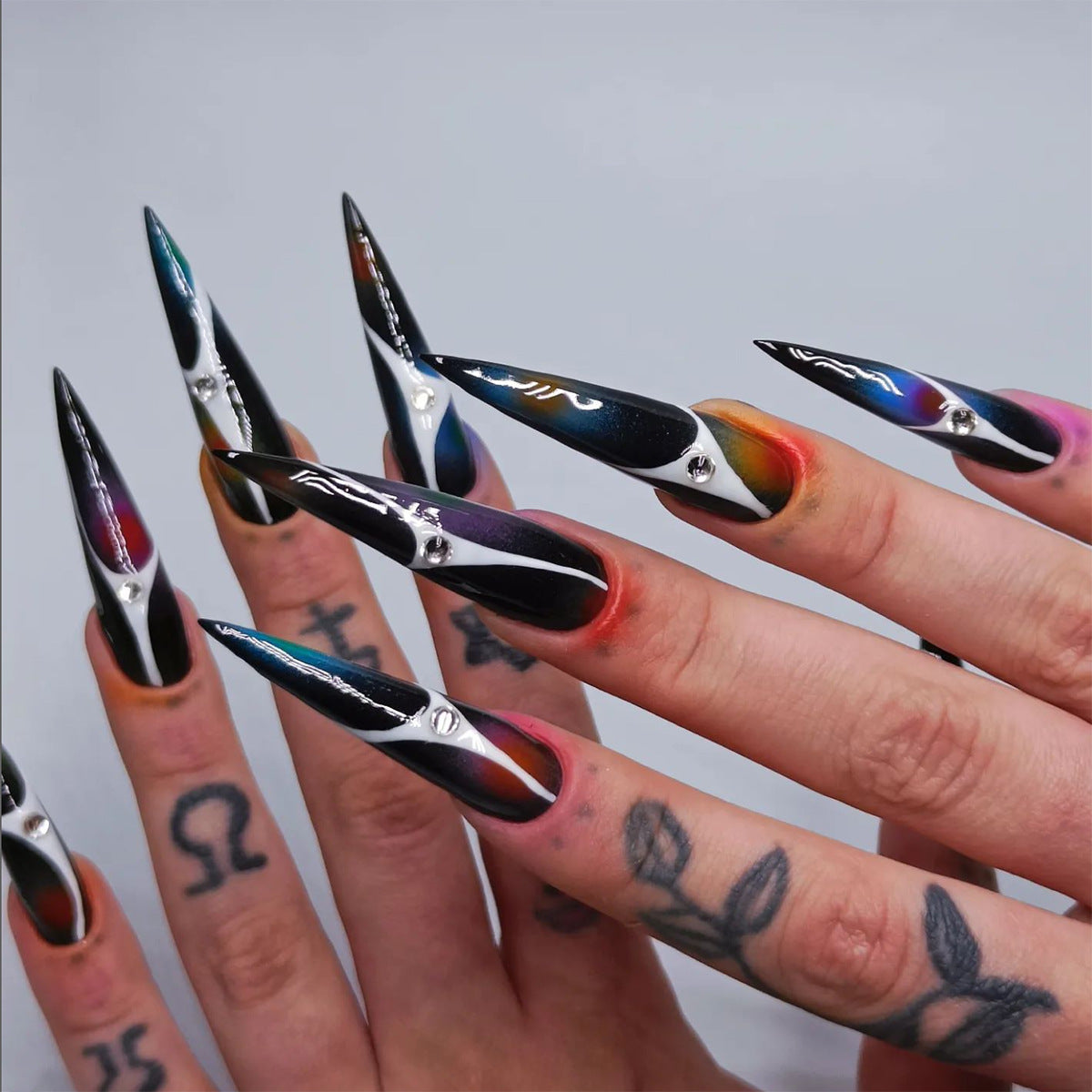 Cosmic Glamour Sharp Long Stiletto Black Gradient Press On Nail Set with Metallic Accents