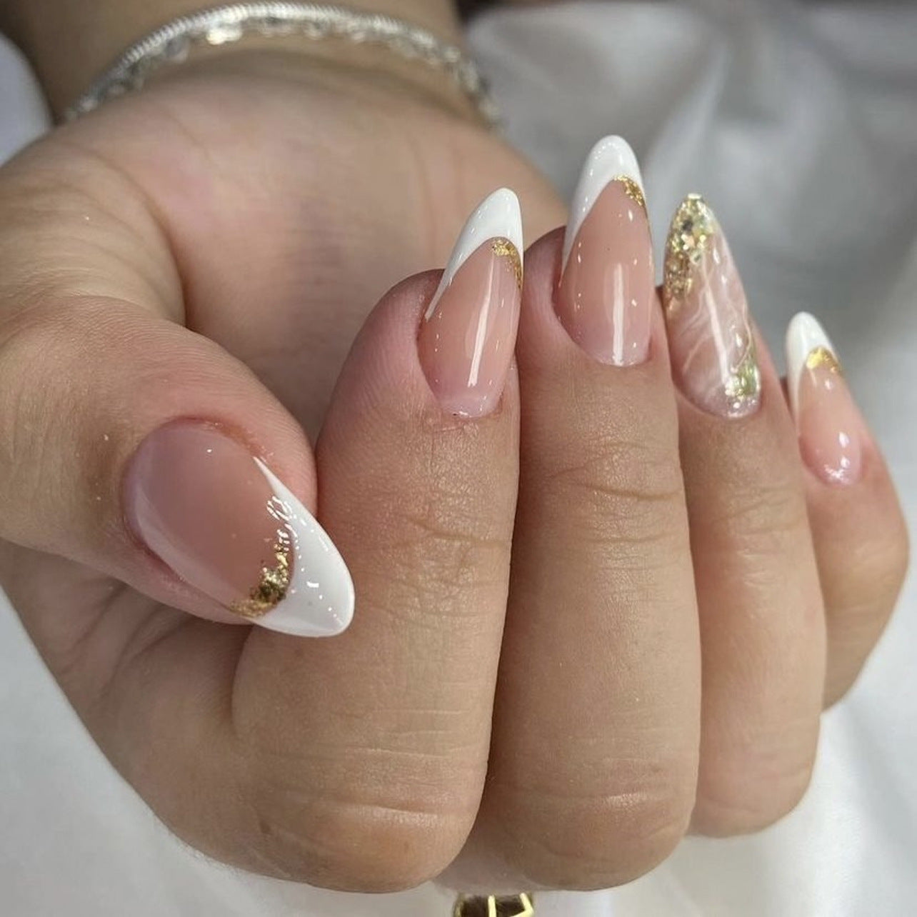 Chic Glamour Medium Almond Pink and White Tips with Gold Accent Press-On Nail Set