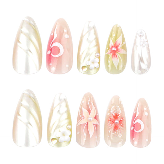 Whimsical Floral Fantasy Medium Almond Shaped Pearlescent and Pastel Nail Set with Delicate Flower Embellishments