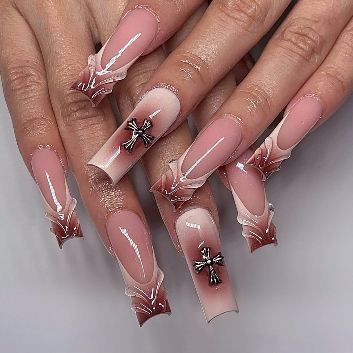 Gothic Elegance Long Square Pink Ombr√© Nails with Cross Accent Charm