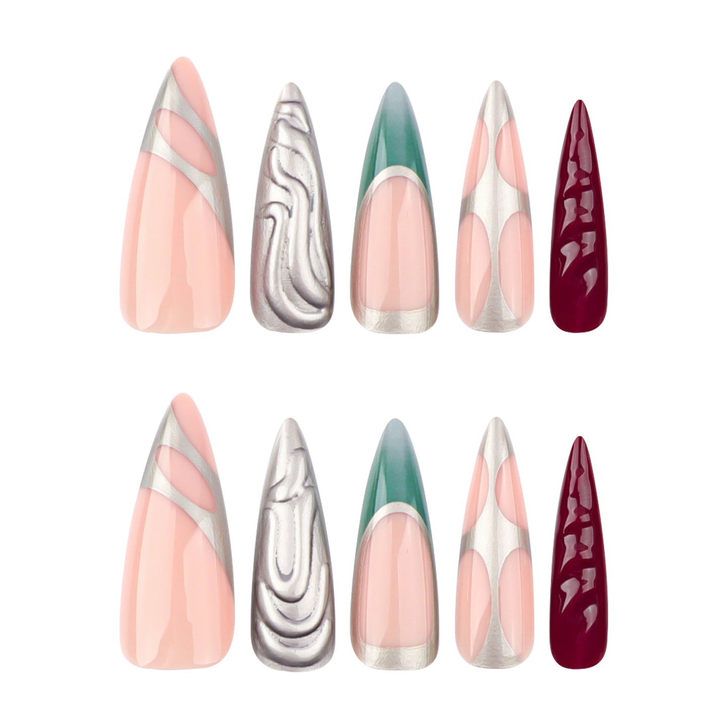 Elegant Twilight Long Almond Peach Green Metallic and Burgundy Press-On Nail Set with Stylish Geometric Patterns