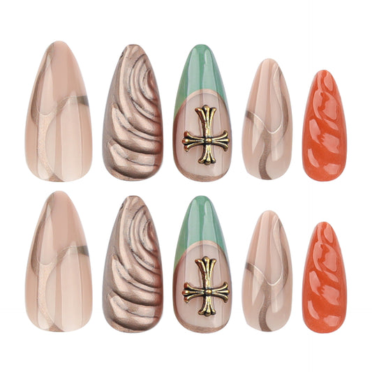 Bohemian Elegance Medium Almond Shape Beige and Coral Nail Set with Unique Textured and Metallic Accent Features