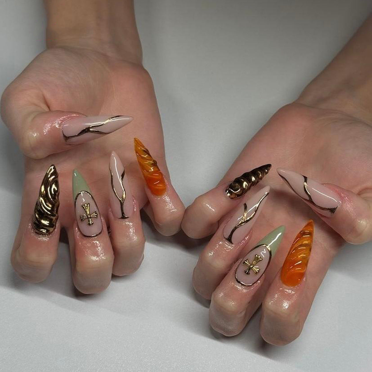 Glamorous Elegance Long Stiletto Almond Multicolor Stunning Gold Accents Press On Nail Set