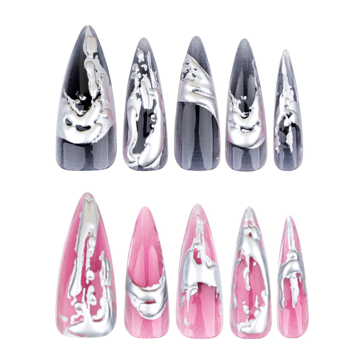 Mystical Elegance Long Stiletto Black and Pink Gradient Nail Set with Glossy Silver Accents