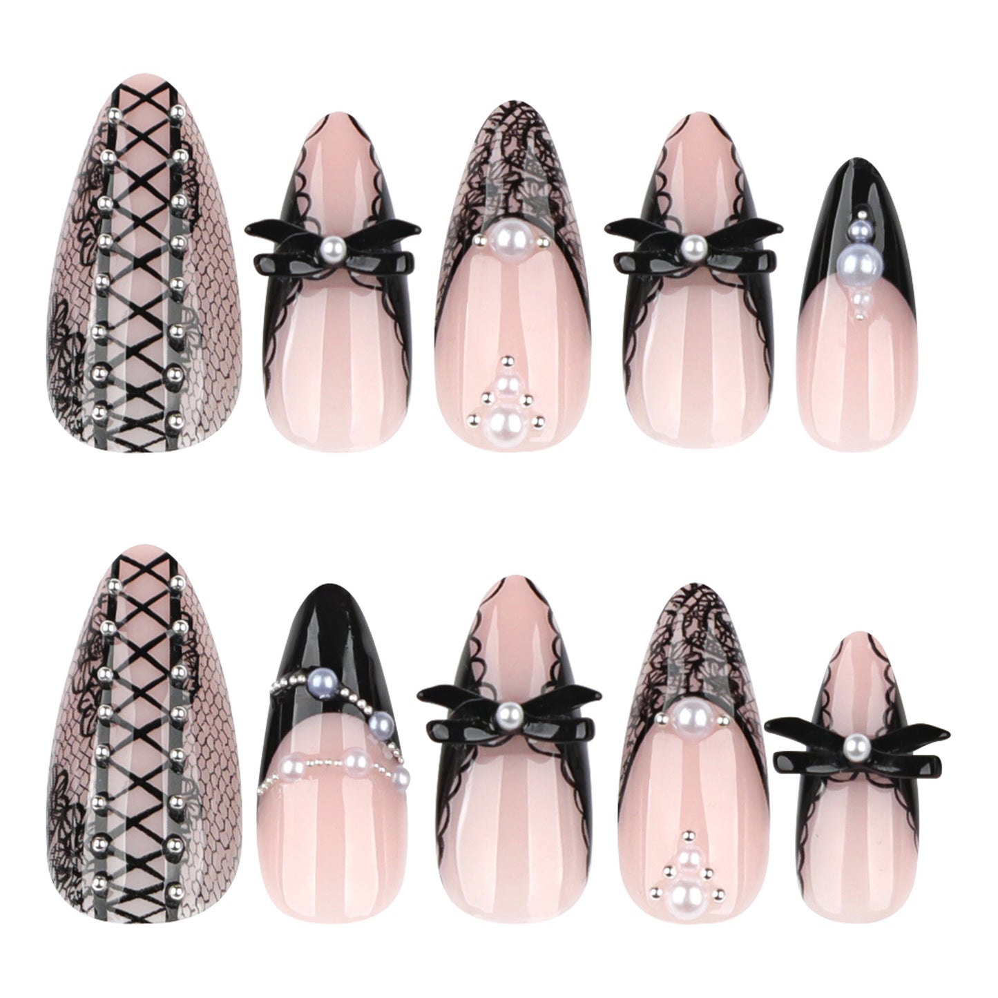 Gothic Elegance Long Almond Pink and Black Press On Nail Set with Pearls and Bows