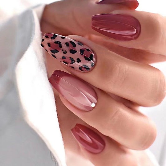 Wild Safari Charm Oversized Medium Coffin Shape Burgundy and Blush with Trendy Leopard Accent and Sparkling Gem Detail Press On Nail Set