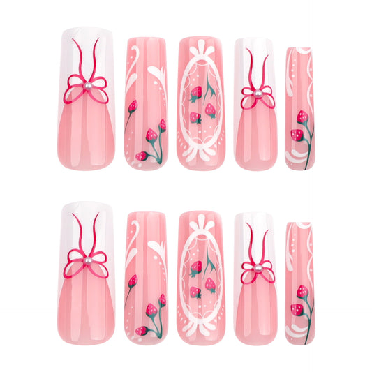 Charming Floral Dream Press On Nail Set Long Square Pink with Delicate Bow and Floral Design