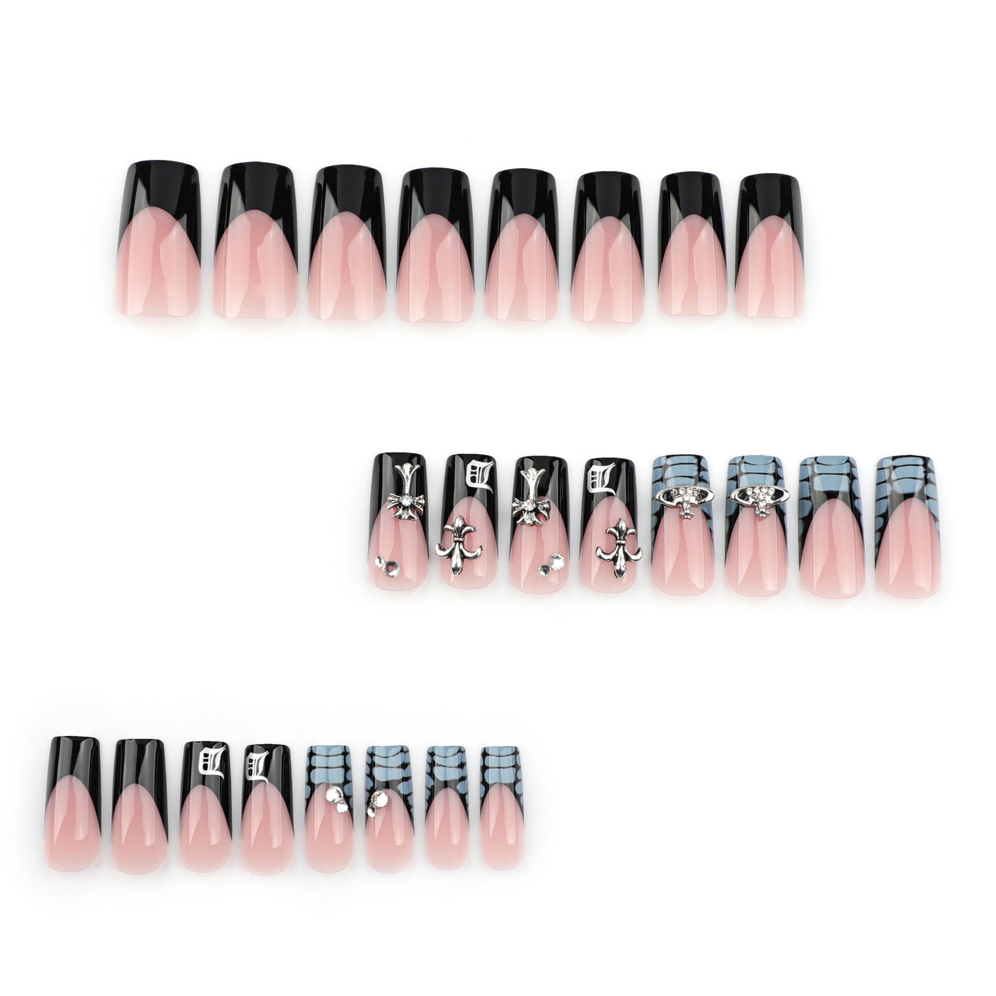 Enchanting Elegance Medium Square Beige and Black Press On Nail Set with Unique Metallic Accents