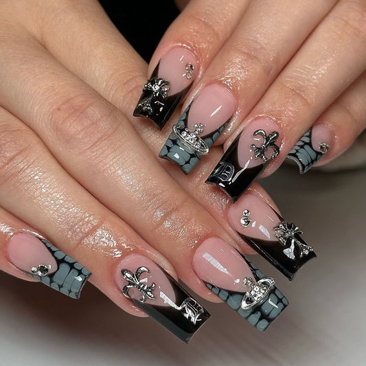 Glamorous Gothic Medium Square Black and Grey Press On Nails with Unique Metallic Accents