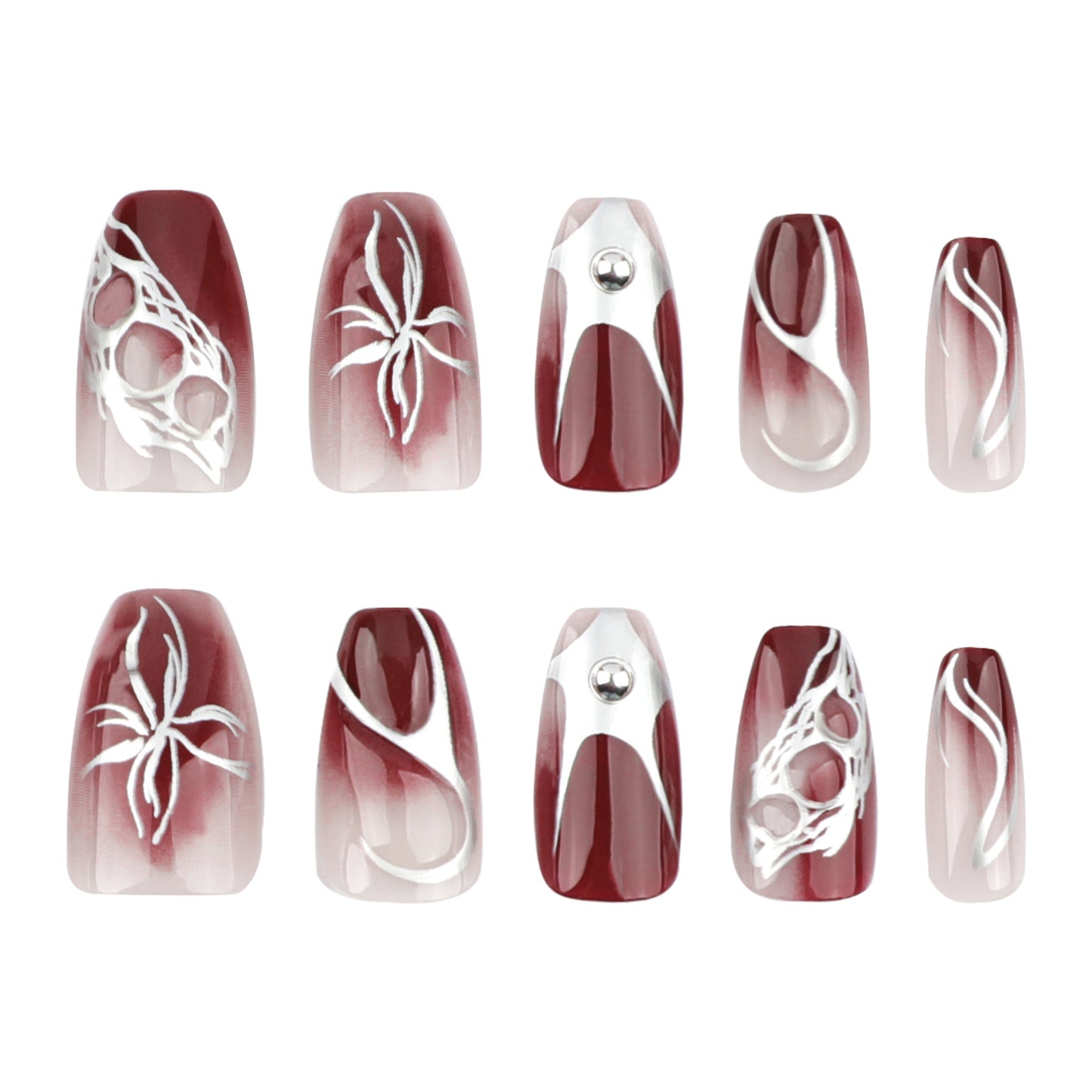 Spooky Elegance Medium Square Burgundy Gradient Press On Nail Set with Unique Silver Spider and Web Designs