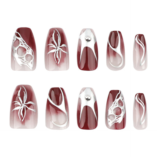 Spooky Elegance Medium Square Burgundy Gradient Press On Nail Set with Unique Silver Spider and Web Designs