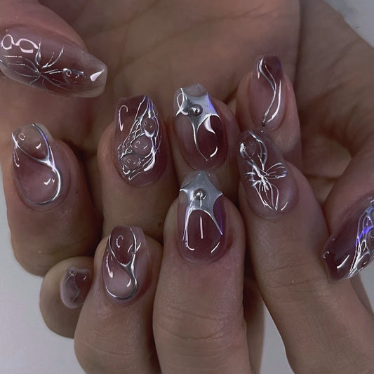 Underwater Fantasy Elegant Short Coffin Shaped Light Pink Nails with Silver Artistic Detailing