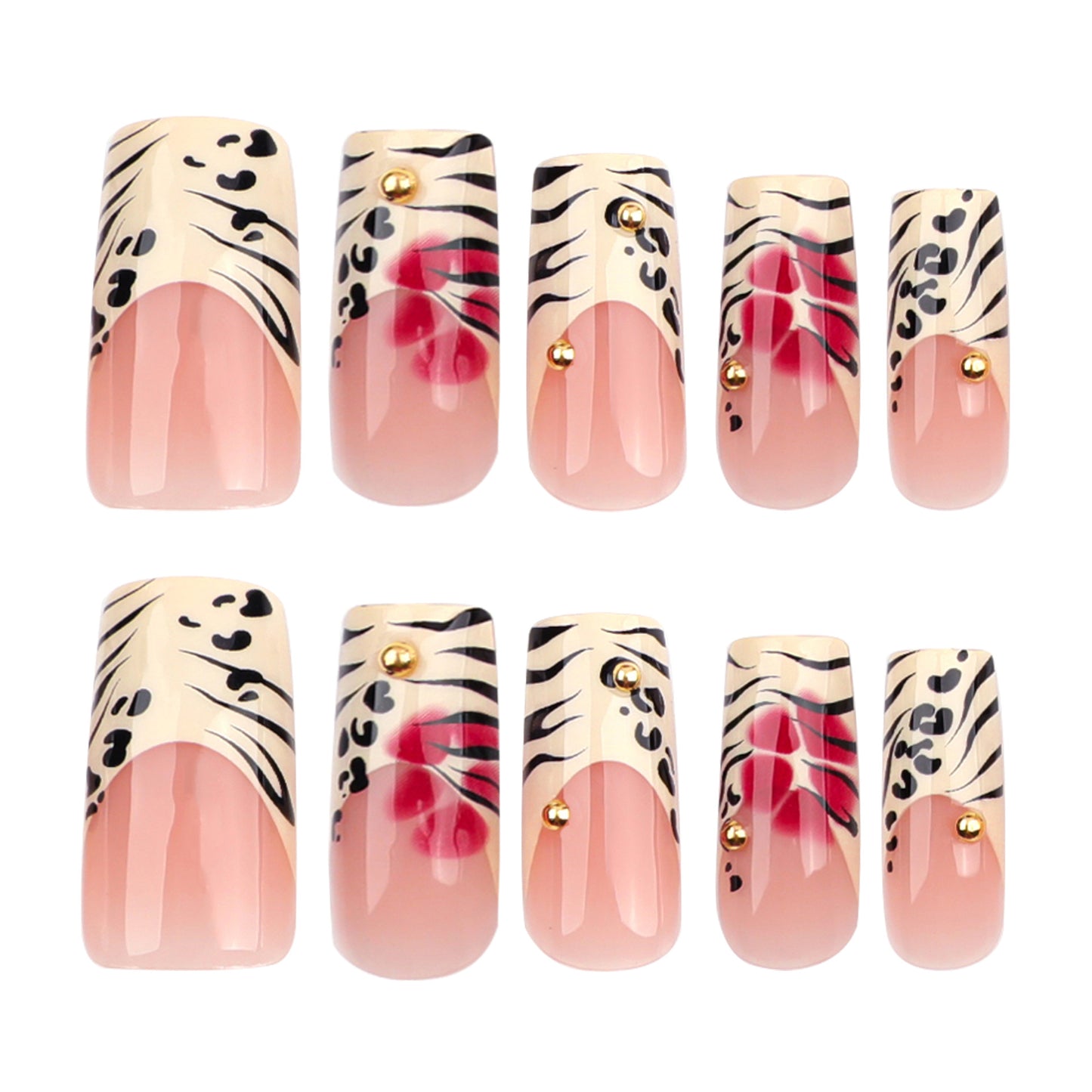Wild Jungle Glamour Medium French Square Leopard and Zebra Print Nail Press Set with Metallic Accents