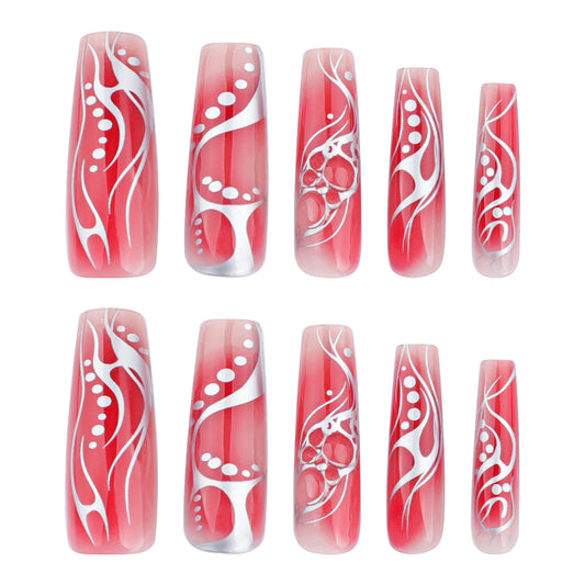 Radiant Coral Dream Long Square Press On Nail Set with Silvery Swirls and Dots Design