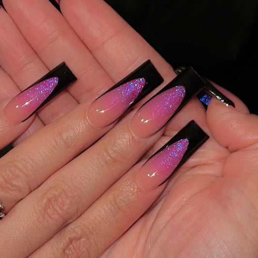 Mystical Glow Long Square Black and Pink Glitter Ombre Press On Nail Set