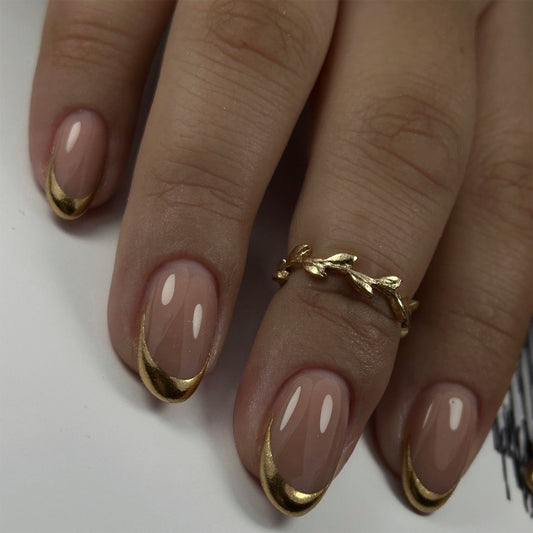 Elegant Garden Inspired Short Round Shaped Beige Nails with Golden French Tips and Shimmering Glossy Finish
