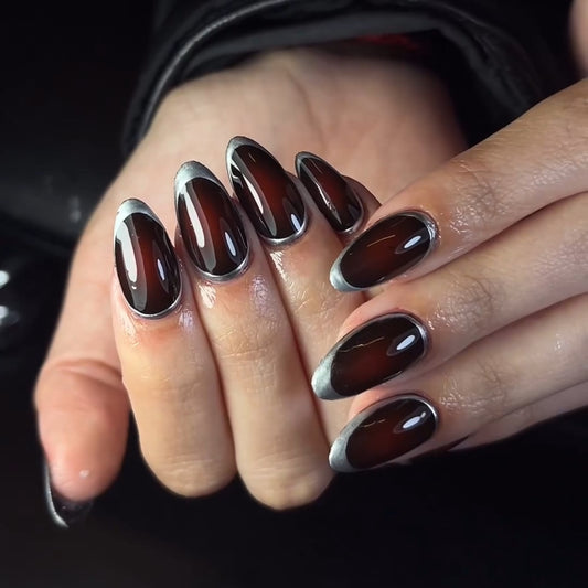 Mystical Elegance Medium Almond Shaped Dark Brown Nails with Silver Accent Tips