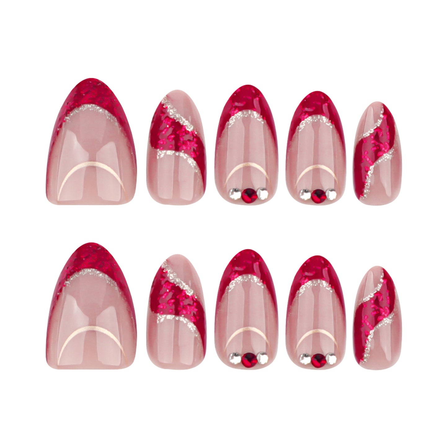 Glamorous Romance Short Almond Shaped Pink with Red Glitter and Silver Accent Press On Nail Set
