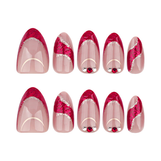Glamorous Romance Short Almond Shaped Pink with Red Glitter and Silver Accent Press On Nail Set