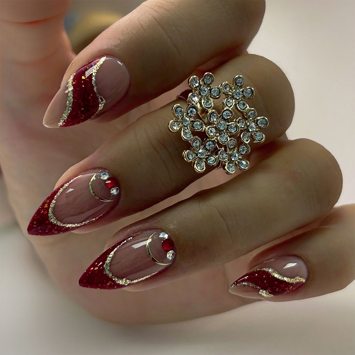 Glamorous Elegance Medium Stiletto Red and Glittery Press on Nail Set with Gold Accents