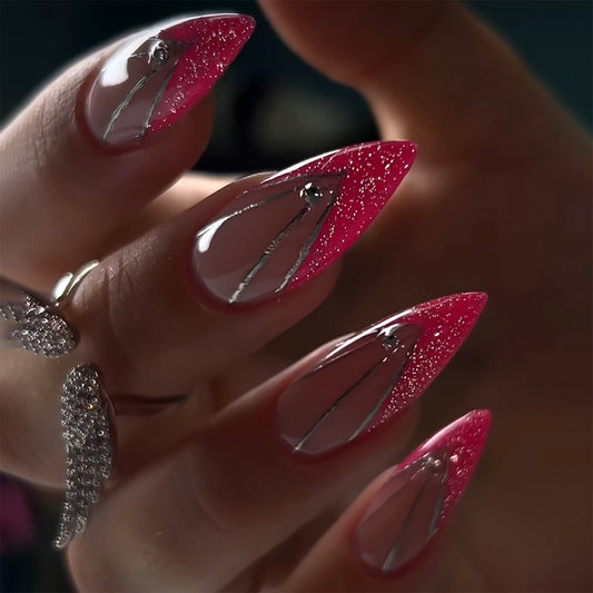 Radiant Glamour Medium Almond Pink Gradient Nails with Sparkling Silver Accents