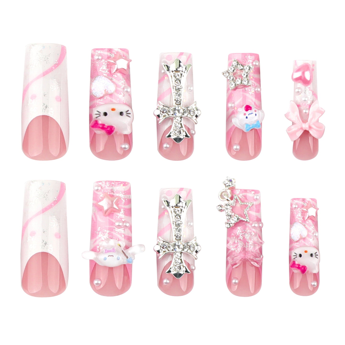 Adorable Dreamland Long Square Pink Press On Nail Set With Whimsical Charms And Glitter Accents