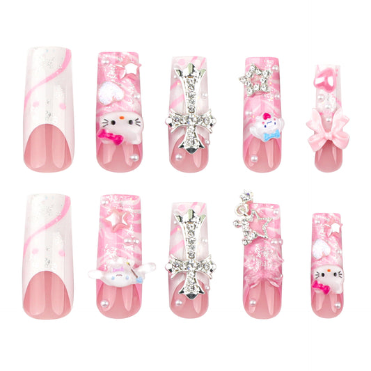 Adorable Dreamland Long Square Pink Press On Nail Set With Whimsical Charms And Glitter Accents