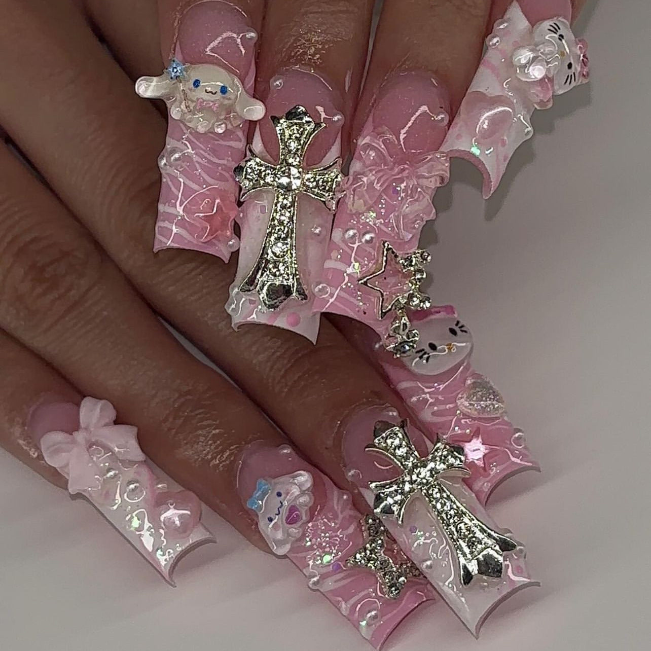 Kawaii Dreamland Extra Long Square Ballerina Pink Press On Nail Set With Sparkling Charms And Whimsical Decorations