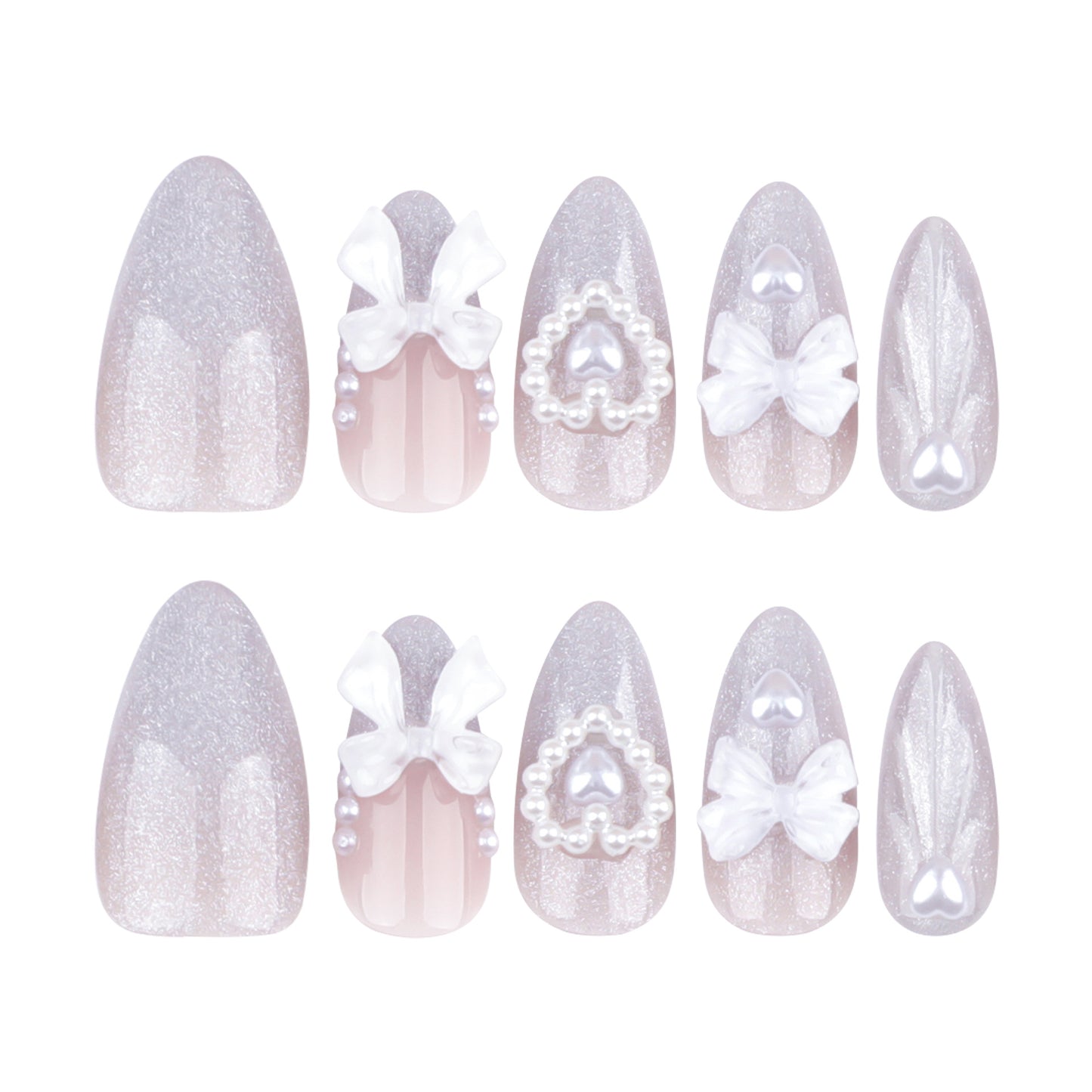 Charming Elegance Short Almond Shimmering Pink Press on Nail Set with Pearl and Bow Accents