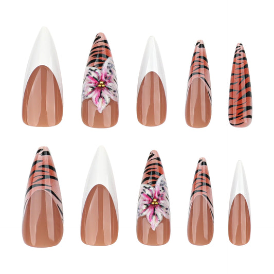Vibrant Jungle Inspired Sharp Long Almond Shaped Warm Beige with Abstract Floral and Striped Design Press on Nail Set