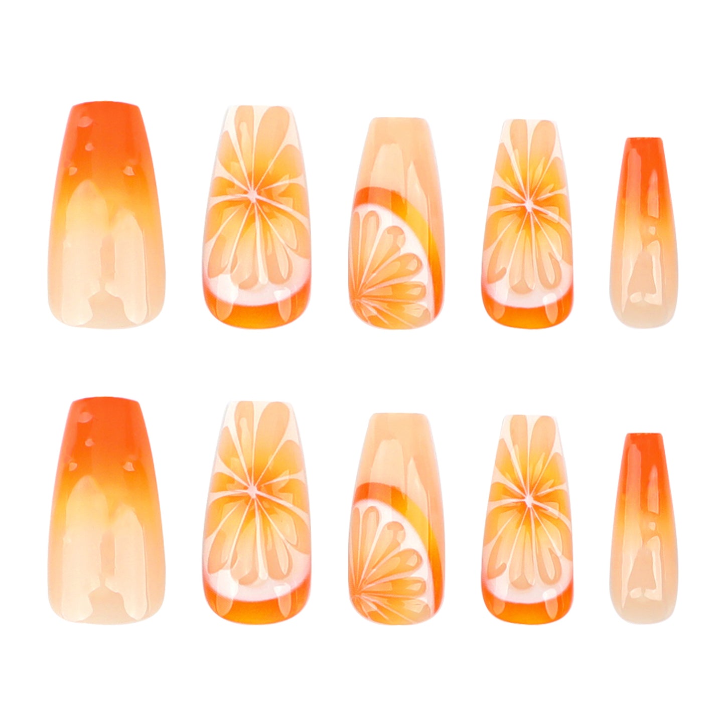 Citrus Splash Vibrant Medium Coffin Orange Ombre Press-On Nail Set with Floral Designs