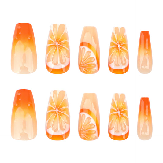 Citrus Splash Vibrant Medium Coffin Orange Ombre Press-On Nail Set with Floral Designs
