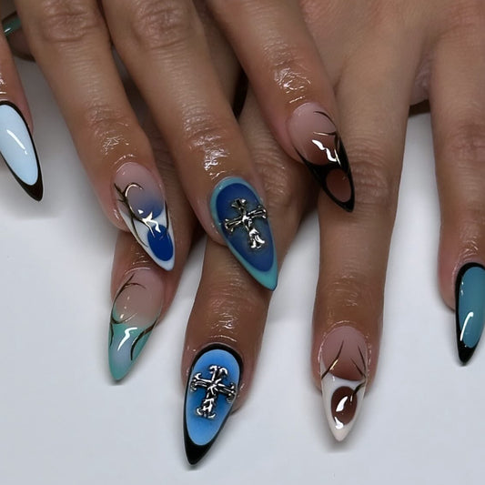 Celestial Moonlit Medium Almond Shaped Aquatic Ombre Nail Press Set with Iridescent Charm