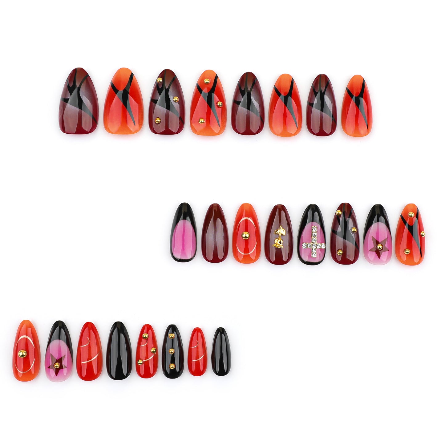 Vibrant Firestorm Short Almond Shaped Red and Orange Press on Nail Set with Unique Metallic Accents