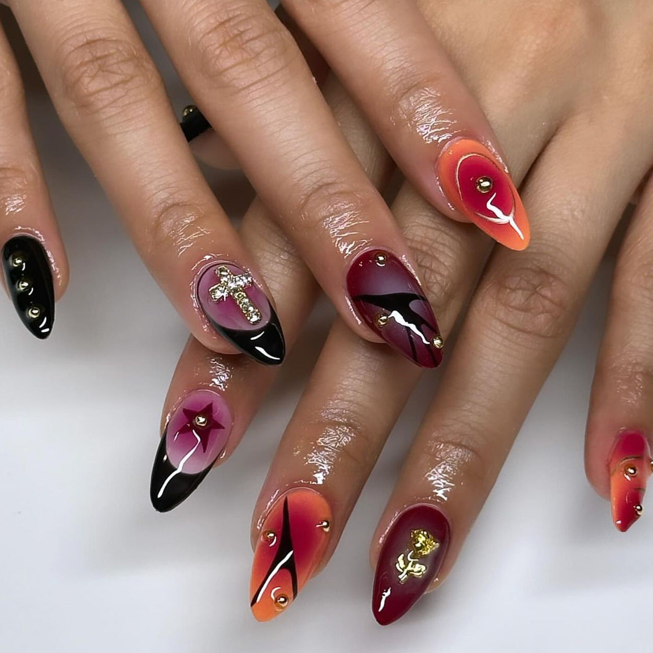 Gothic Elegance Short Almond Shaped Dark Red and Black Gradient Press On Nail Set with Metallic Accents