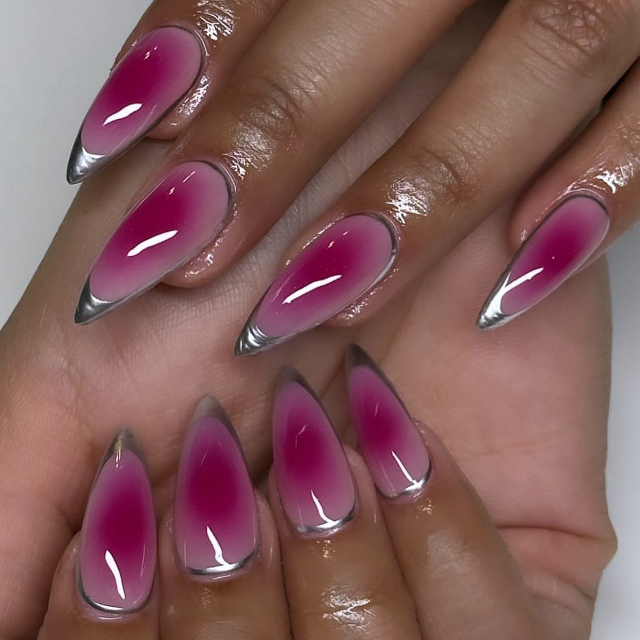 Charming Elegance Long Stiletto Ombre Pink with Shiny Silver Tips Press On Nail Set