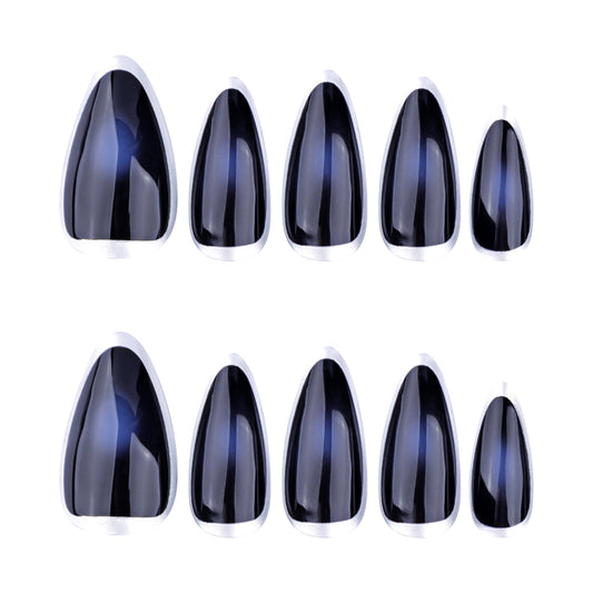 Mystical Midnight Dream Medium Almond Press-On Nail Set in Deep Black with Iridescent Shine