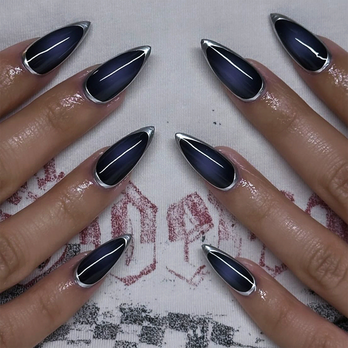 Mystical Midnight Fantasy Elegant Almond Long Purple-Black Gradient Press On Nail Set with Silver Edge Shine
