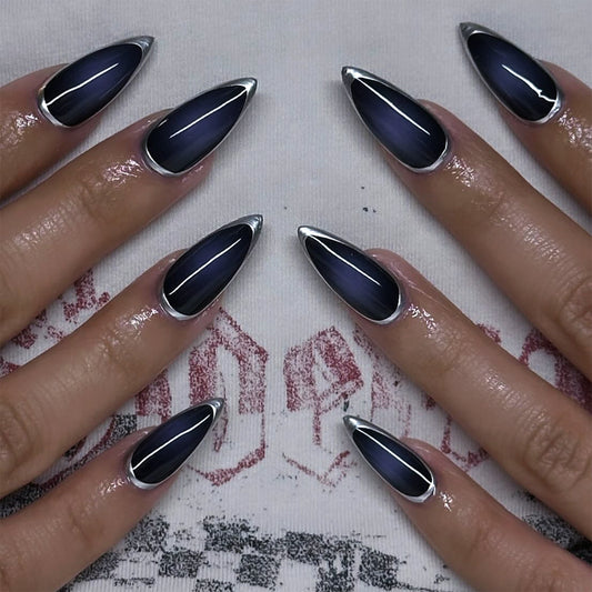 Mystical Midnight Fantasy Elegant Almond Long Purple-Black Gradient Press On Nail Set with Silver Edge Shine