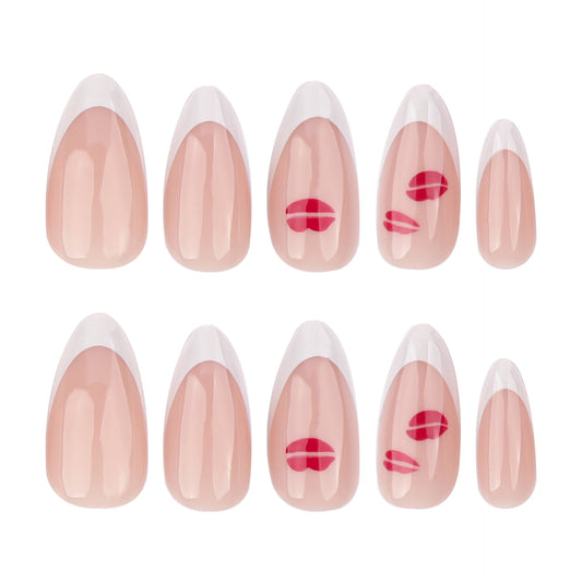 Chic Beauty Statement Short Almond Shaped Pink Press On Nail Set with Playful Red Lip Graphics