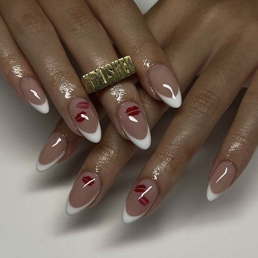 Romantic Kiss Inspired Short Almond Press On Nail Set in Beige and White with Red Lipstick Accents