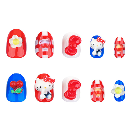 Whimsical Charm Red and Blue Short Short Squoval Press-On Nail Set Featuring Cute Floral and Kitty Designs