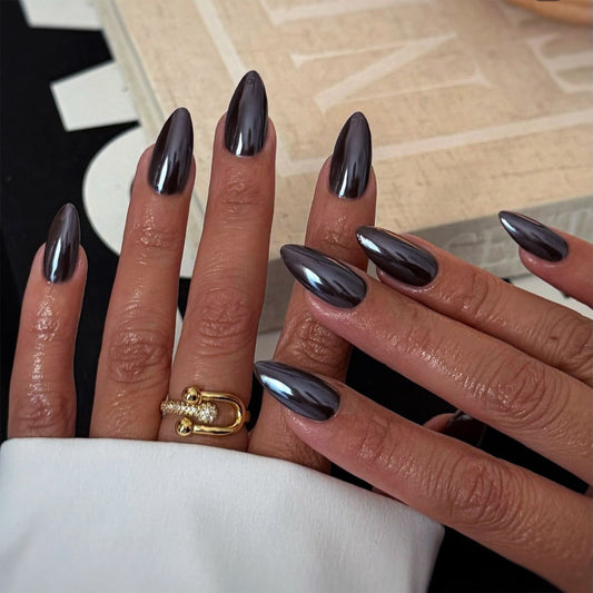 Glamorous Midnight Sheen Long Almond Shaped Dark Gray Press On Nail Set with Stunning High Gloss Finish
